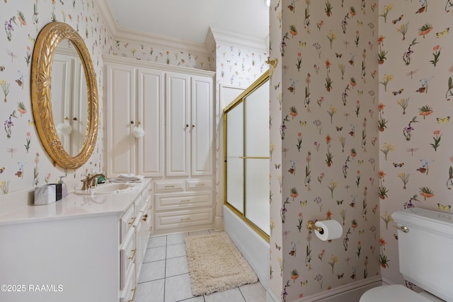 12425 N Marcus Rd, Abbeville, LA 70510 - full bath with vanity, toilet, ornamental molding, tile patterned floors, and wallpapered walls