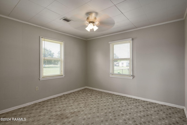 1037 Joe Kidder Rd, Arnaudville, LA 70512 - unfurnished room with ornamental molding, plenty of natural light, a ceiling fan, carpet flooring, and baseboards