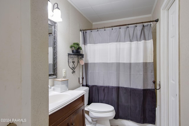 1037 Joe Kidder Rd, Arnaudville, LA 70512 - full bath with ornamental molding, vanity, a textured wall, toilet, and a shower with curtain