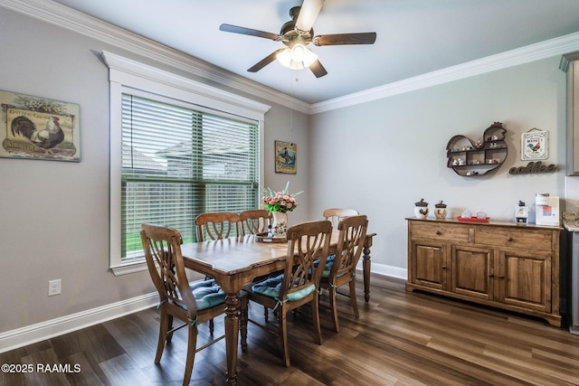 604 Bay Meadow Ln, Lafayette, LA 70507 - dining area with dark wood-type flooring, ceiling fan, baseboards, and ornamental molding