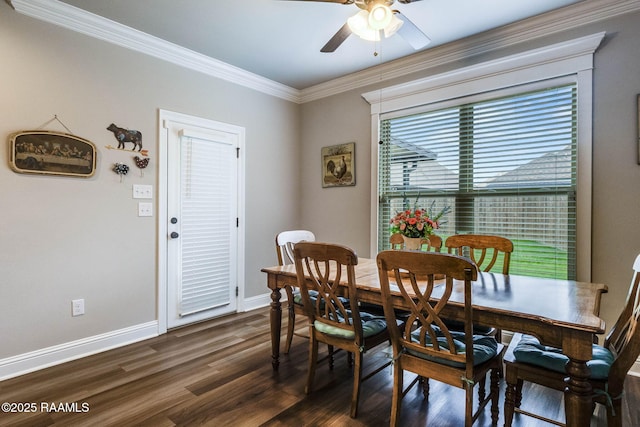 604 Bay Meadow Ln, Lafayette, LA 70507 - dining space featuring ceiling fan, dark wood-type flooring, baseboards, and ornamental molding