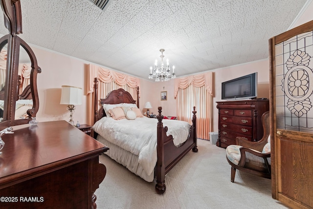 510 Monarch Dr, Lafayette, LA 70506 - bedroom featuring crown molding, a chandelier, and light carpet