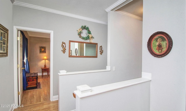 151 Hickory St, Port Barre, LA 70577 - hall featuring wood finished floors, crown molding, an upstairs landing, and baseboards