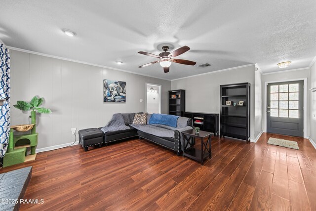 315 Creswell Ave, Scott, LA 70583 - living room featuring wood finished floors, a ceiling fan, crown molding, baseboards, and a textured ceiling