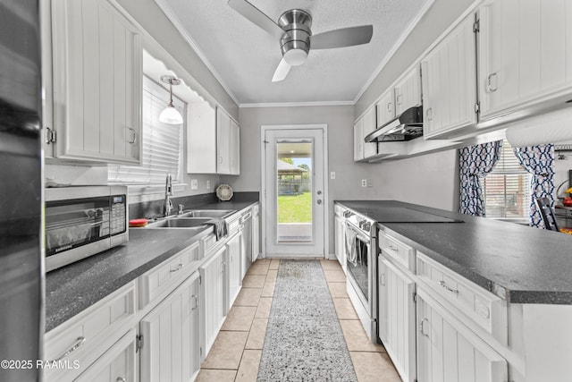 315 Creswell Ave, Scott, LA 70583 - kitchen featuring stainless steel appliances, extractor fan, a sink, ceiling fan, and ornamental molding