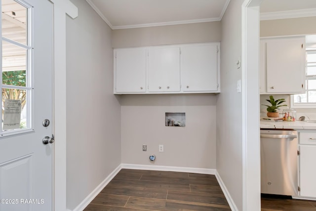 1010 Domingue St, Breaux Bridge, LA 70517 - laundry room with washer hookup, hookup for an electric dryer, dark wood-style flooring, and crown molding