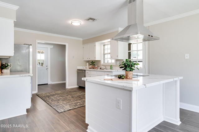 1010 Domingue St, Breaux Bridge, LA 70517 - kitchen featuring island exhaust hood, stainless steel dishwasher, crown molding, dark wood-style floors, and white cabinets