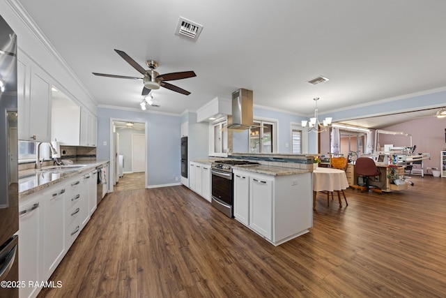 630 W Peach Ave, Eunice, LA 70535 - kitchen with stainless steel appliances, a peninsula, island exhaust hood, ceiling fan, and white cabinetry