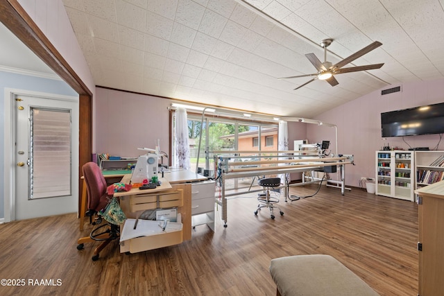 630 W Peach Ave, Eunice, LA 70535 - office area featuring wood finished floors, a ceiling fan, crown molding, and lofted ceiling