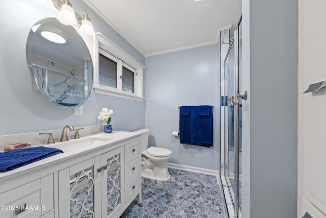 630 W Peach Ave, Eunice, LA 70535 - full bath featuring a shower stall, vanity, ornamental molding, and toilet