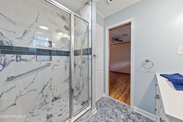 630 W Peach Ave, Eunice, LA 70535 - full bathroom with vanity, a marble finish shower, crown molding, and baseboards