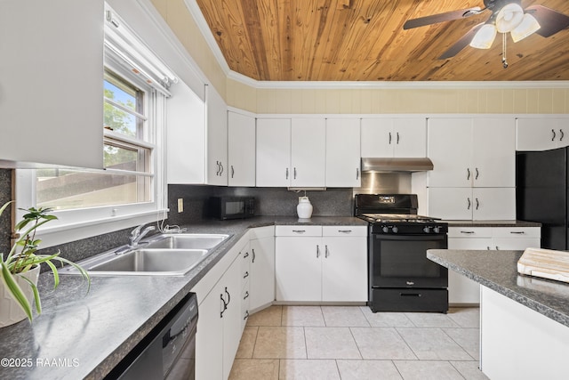 407 N Hebert Ave, Kaplan, LA 70548 - kitchen with black appliances, ventilation hood, wood ceiling, crown molding, and a sink