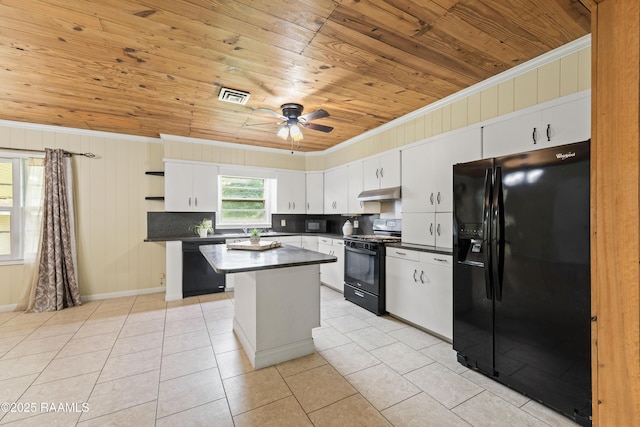407 N Hebert Ave, Kaplan, LA 70548 - kitchen featuring black appliances, wood ceiling, under cabinet range hood, dark countertops, and a kitchen island