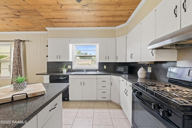 407 N Hebert Ave, Kaplan, LA 70548 - kitchen featuring black appliances, wooden ceiling, dark countertops, backsplash, and ornamental molding