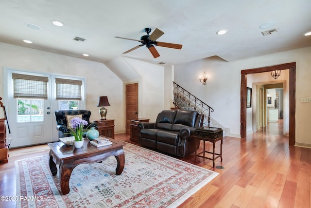 101 Hanover Sq, Lafayette, LA 70508 - living room featuring stairs, a ceiling fan, light wood-style floors, recessed lighting, and vaulted ceiling
