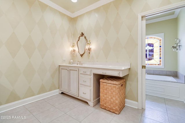 101 Hanover Sq, Lafayette, LA 70508 - bathroom with crown molding, tile patterned floors, a garden tub, wallpapered walls, and vanity