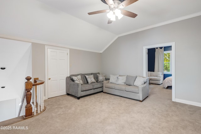303 Duperier Ave, New Iberia, LA 70563 - living area with carpet, ceiling fan, crown molding, baseboards, and vaulted ceiling