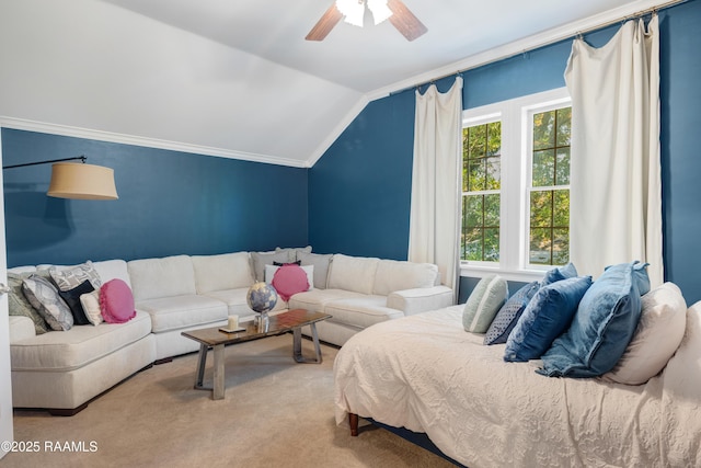 303 Duperier Ave, New Iberia, LA 70563 - bedroom featuring vaulted ceiling, ornamental molding, ceiling fan, and carpet