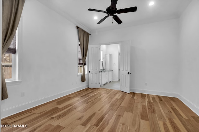 3132 Veranda View Ave, Baton Rouge, LA 70810 - unfurnished bedroom featuring light wood-style flooring, baseboards, recessed lighting, ensuite bathroom, and a ceiling fan
