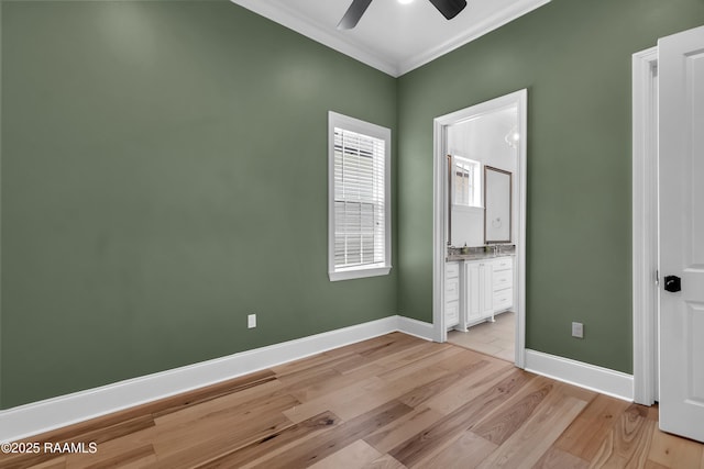 3132 Veranda View Ave, Baton Rouge, LA 70810 - unfurnished bedroom featuring crown molding, light wood finished floors, baseboards, connected bathroom, and ceiling fan