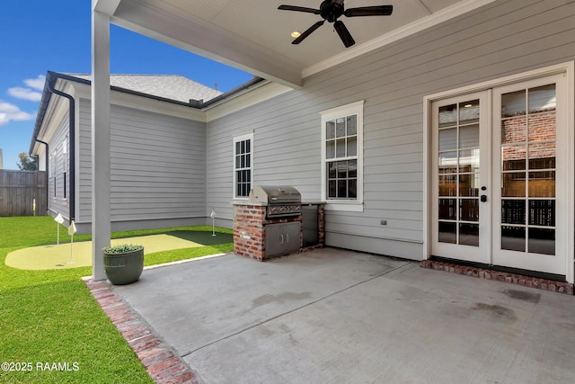 3132 Veranda View Ave, Baton Rouge, LA 70810 - view of patio featuring an area to practice putting, ceiling fan, area for grilling, and french doors