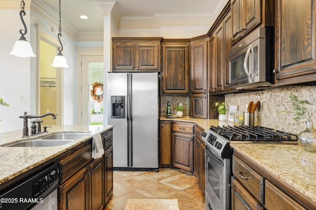 109 Flamingo Row, Lafayette, LA 70508 - kitchen featuring stainless steel appliances, light stone counters, decorative backsplash, decorative light fixtures, and recessed lighting