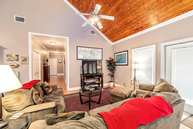 178 Flounder Ct, Dulac, LA 70353 - living area featuring crown molding, ceiling fan, wood ceiling, wood finished floors, and baseboards
