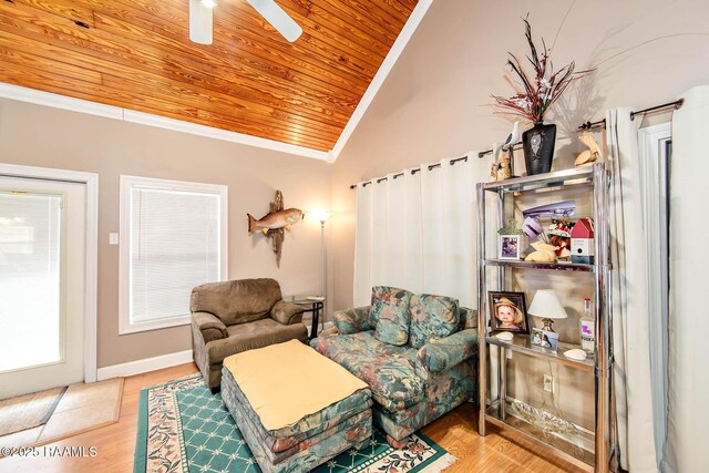 178 Flounder Ct, Dulac, LA 70353 - sitting room featuring lofted ceiling, crown molding, wood ceiling, a ceiling fan, and wood finished floors