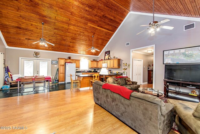 178 Flounder Ct, Dulac, LA 70353 - living room with ceiling fan, wooden ceiling, crown molding, high vaulted ceiling, and light wood finished floors