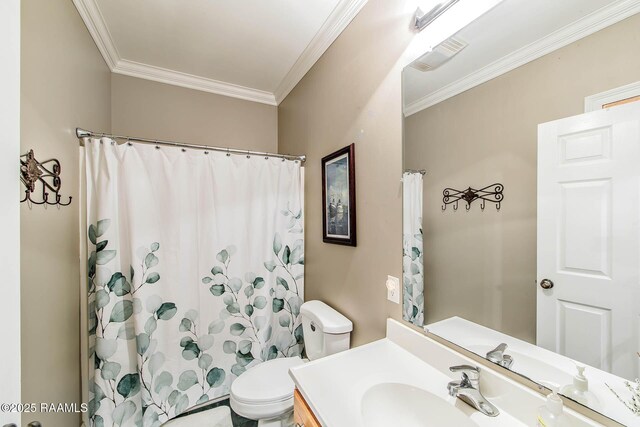 178 Flounder Ct, Dulac, LA 70353 - bathroom featuring toilet, ornamental molding, vanity, and a shower with shower curtain