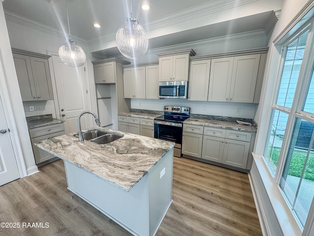 305 Berchman Oaks Dr, Lafayette, LA 70506 - kitchen with appliances with stainless steel finishes, a sink, gray cabinetry, healthy amount of natural light, and ornamental molding