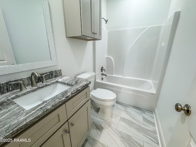 305 Berchman Oaks Dr, Lafayette, LA 70506 - bathroom featuring vanity, toilet, marble finish flooring, washtub / shower combination, and baseboards