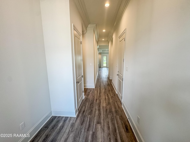219 Timber Mill St, Lafayette, LA 70508 - corridor featuring ornamental molding, dark wood-type flooring, recessed lighting, and baseboards