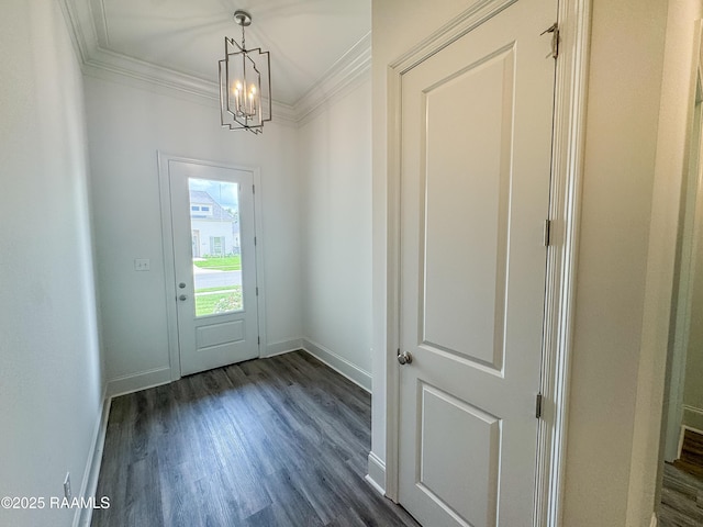 219 Timber Mill St, Lafayette, LA 70508 - doorway featuring a chandelier, dark wood finished floors, ornamental molding, and baseboards