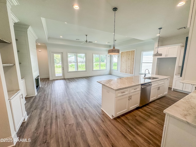 219 Timber Mill St, Lafayette, LA 70508 - kitchen featuring dishwasher, a raised ceiling, ceiling fan, a sink, and dark wood-style floors