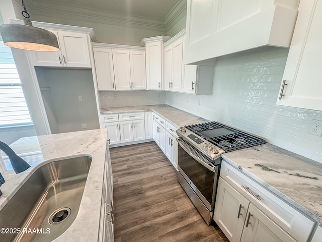 219 Timber Mill St, Lafayette, LA 70508 - kitchen with gas stove, premium range hood, white cabinets, crown molding, and a sink