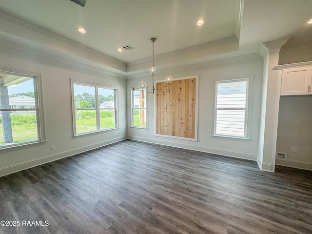 219 Timber Mill St, Lafayette, LA 70508 - unfurnished dining area featuring ornamental molding, baseboards, a tray ceiling, dark wood-style flooring, and recessed lighting
