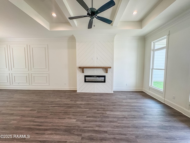222 Timber Mill St, Lafayette, LA 70508 - unfurnished living room with a fireplace, dark wood-style flooring, baseboards, recessed lighting, and beam ceiling