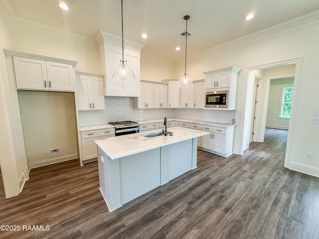 222 Timber Mill St, Lafayette, LA 70508 - kitchen with stainless steel gas stove, built in microwave, a sink, white cabinetry, and ornamental molding