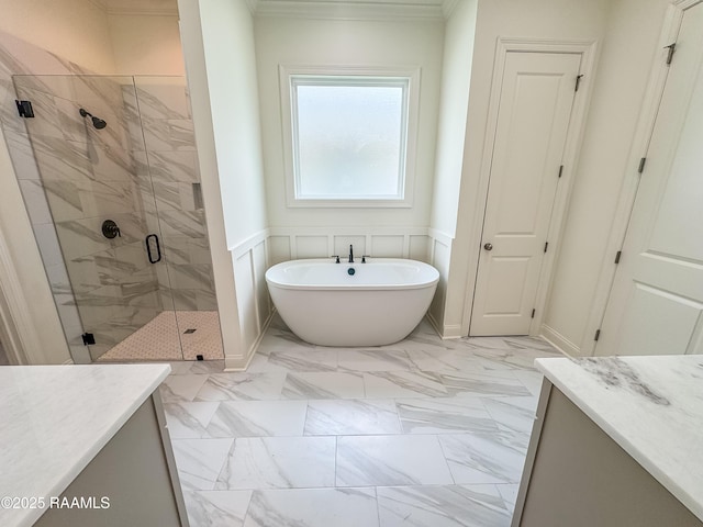 222 Timber Mill St, Lafayette, LA 70508 - bathroom featuring vanity, a freestanding tub, ornamental molding, a stall shower, and marble look tile flooring