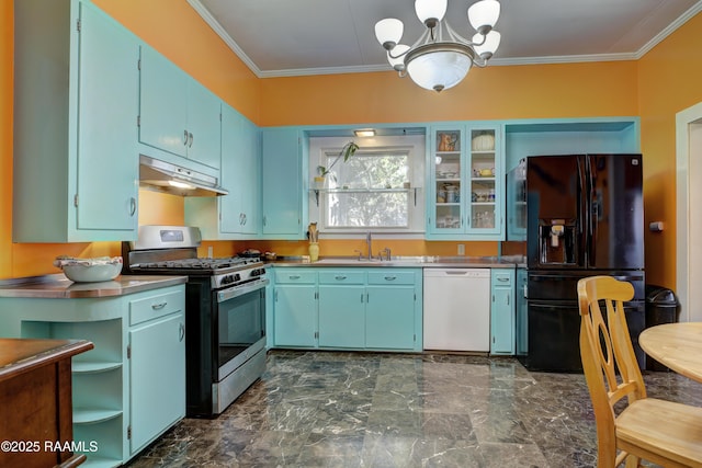 519 Mudd Ave, Lafayette, LA 70501 - kitchen with white dishwasher, black fridge with ice dispenser, stainless steel gas range oven, stainless steel counters, and ornamental molding