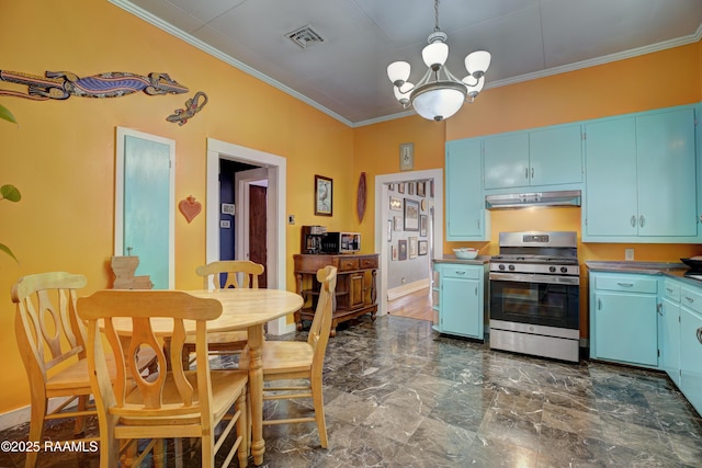 519 Mudd Ave, Lafayette, LA 70501 - kitchen with appliances with stainless steel finishes, blue cabinets, under cabinet range hood, crown molding, and a chandelier