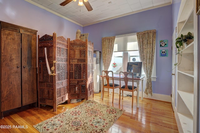 519 Mudd Ave, Lafayette, LA 70501 - home office with ornamental molding, ceiling fan, hardwood / wood-style flooring, and baseboards