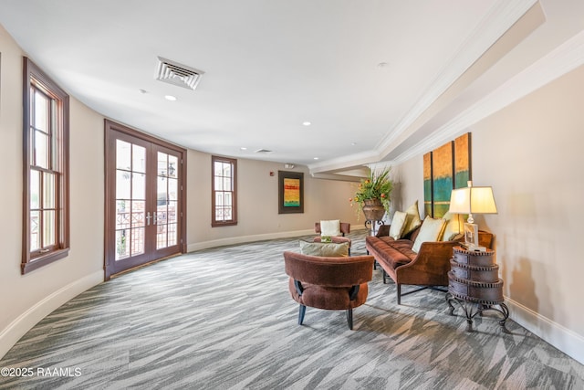 302 Richland Ave Unit 207C, Lafayette, LA 70508 - living area with carpet, baseboards, recessed lighting, french doors, and ornamental molding