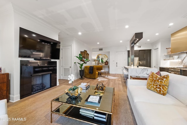 302 Richland Ave Unit 207C, Lafayette, LA 70508 - living area with a fireplace, recessed lighting, light wood finished floors, and ornamental molding
