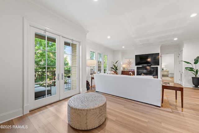 302 Richland Ave Unit 207C, Lafayette, LA 70508 - living area featuring ornamental molding, french doors, recessed lighting, light wood-style floors, and baseboards