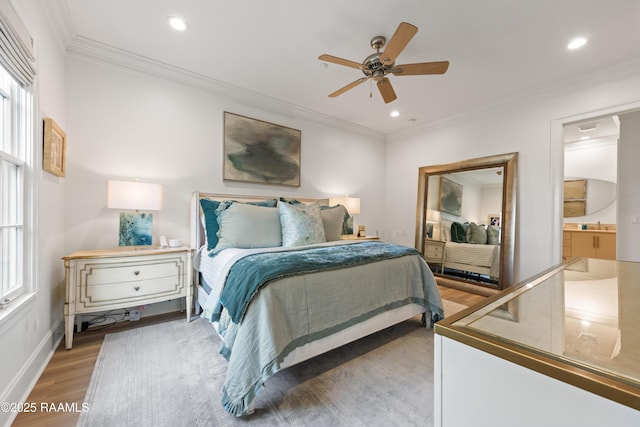 302 Richland Ave Unit 207C, Lafayette, LA 70508 - bedroom with wood finished floors, ornamental molding, recessed lighting, baseboards, and a ceiling fan