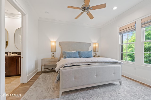 302 Richland Ave Unit 207C, Lafayette, LA 70508 - bedroom with multiple windows, light wood finished floors, crown molding, baseboards, and recessed lighting
