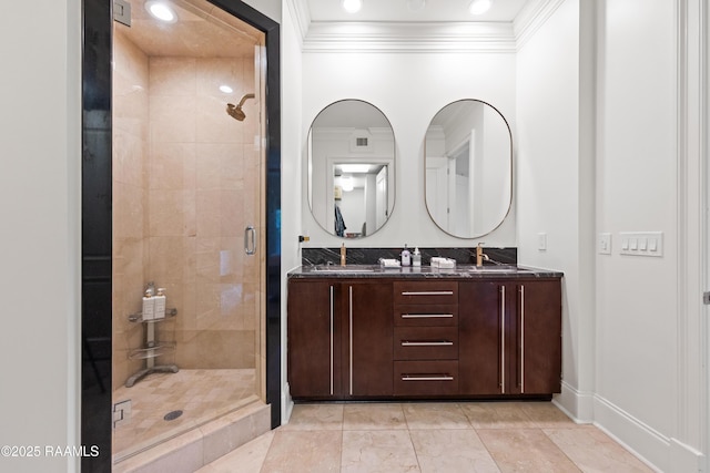 302 Richland Ave Unit 207C, Lafayette, LA 70508 - full bathroom featuring a stall shower, ornamental molding, double vanity, recessed lighting, and baseboards