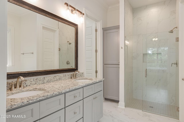 308 Manor House Ln, Lafayette, LA 70507 - bathroom featuring marble look tiles, a marble finish shower, ornamental molding, and double vanity